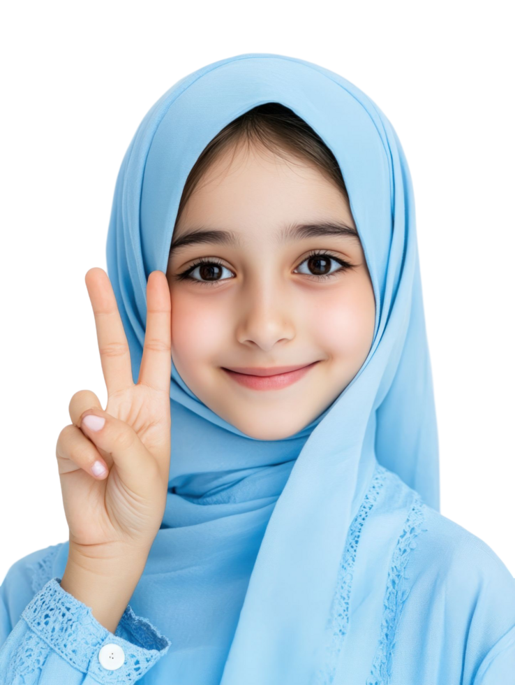 A young girl in a blue hijab is making the peace sign png