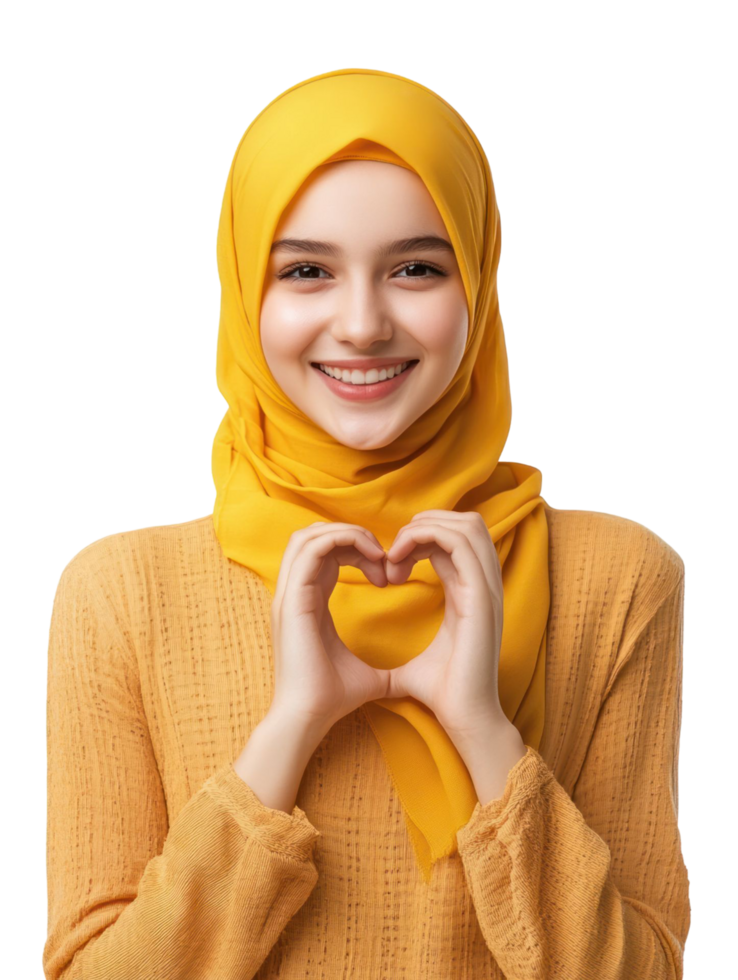 A woman in a yellow hijab is making a heart shape png
