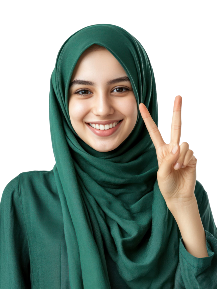 A woman in green hijab showing the peace sign png
