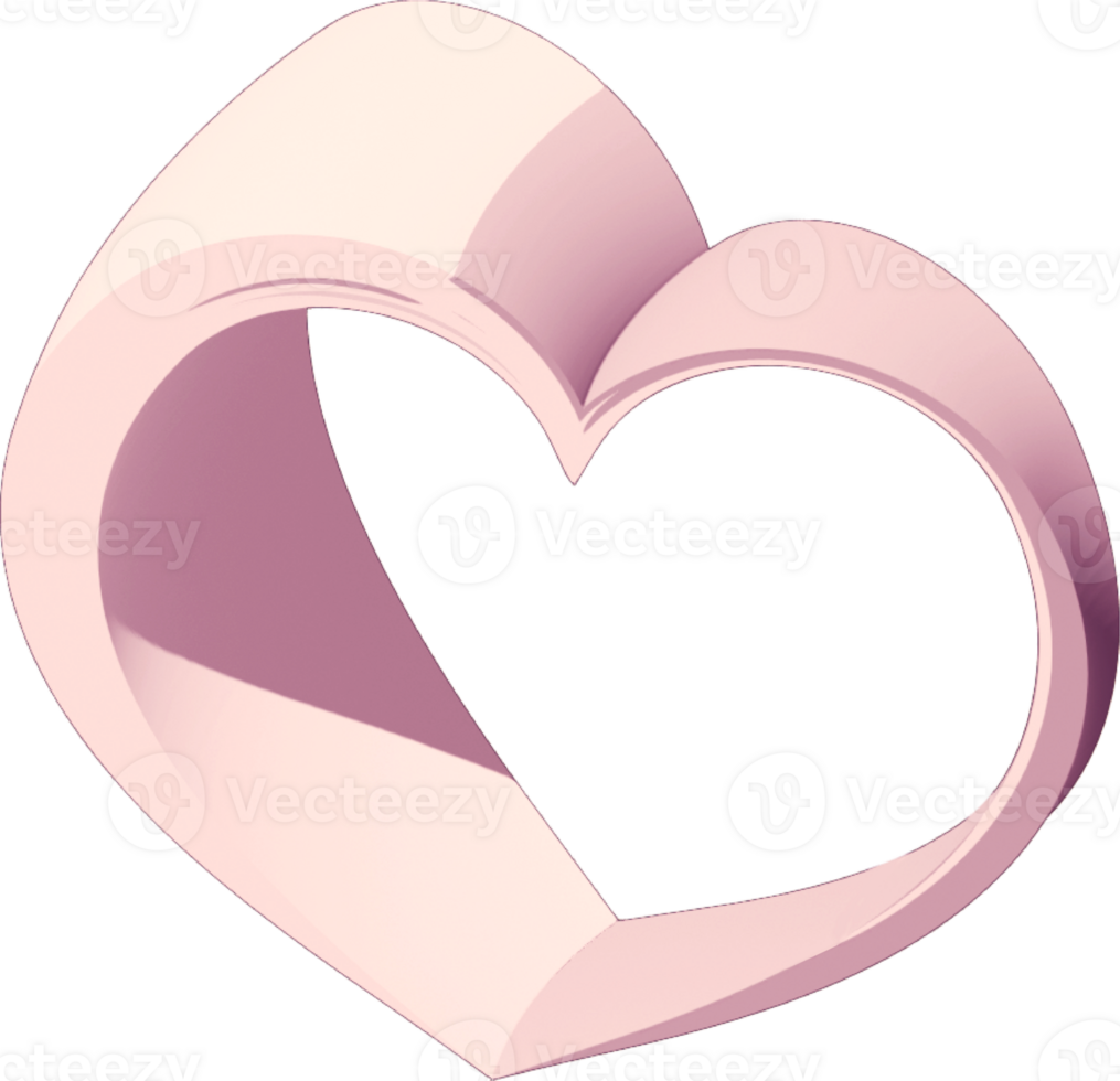 Three-dimensional heart shape with a soft pink gradient. Rendered digitally with smooth, rounded edges. Light source creates subtle shading and highlights. Hollow center. png