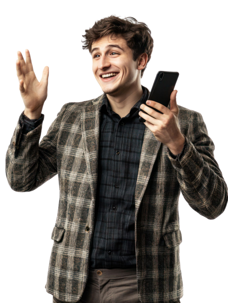 A man in a plaid jacket is holding a cell phone png