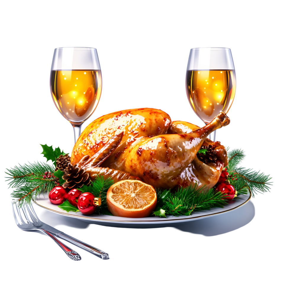 Roasted Turkey with Wine and Decorations Transparent Background png