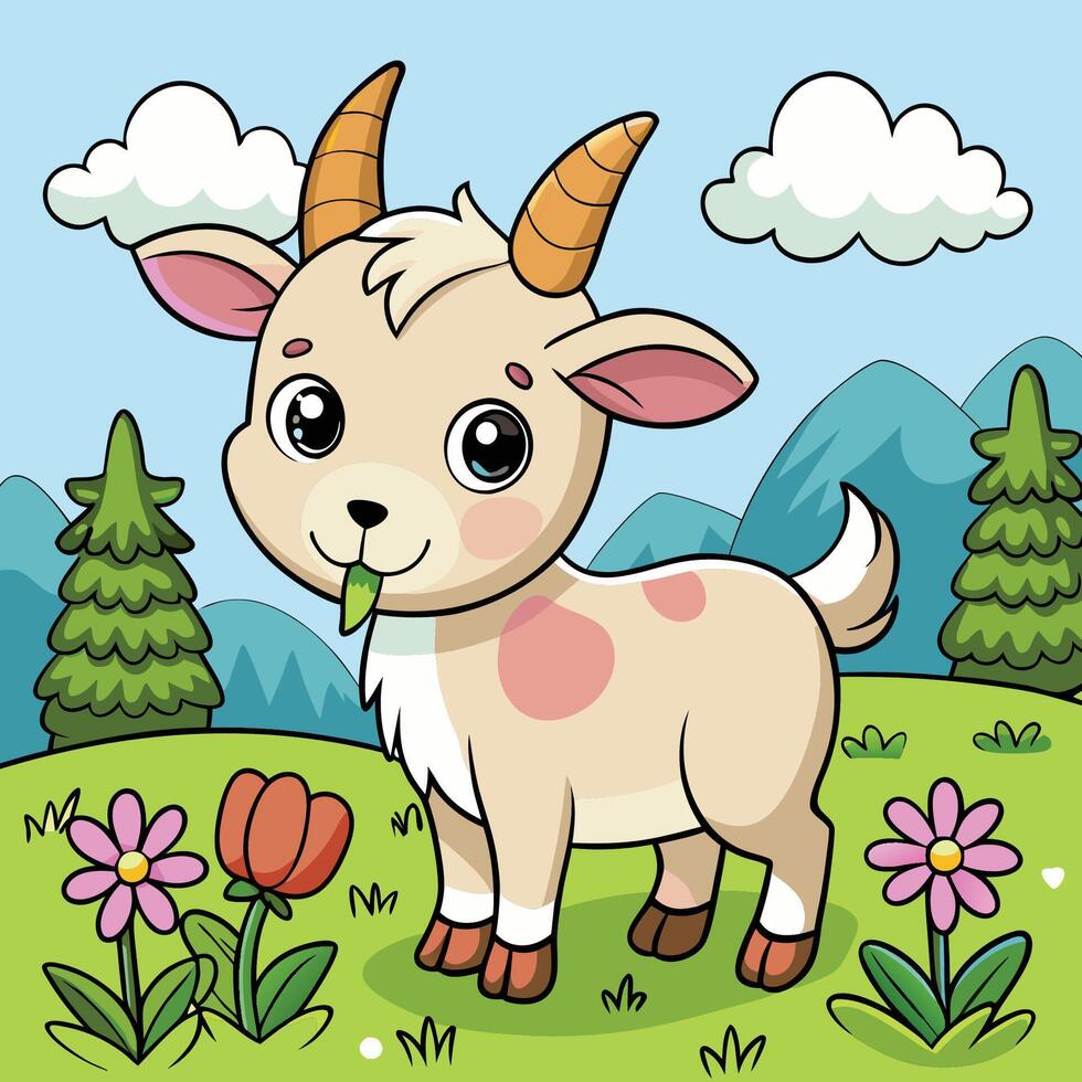 Adorable Kawaii Goat Grazes Contentedly in a Lush Green Meadow vector