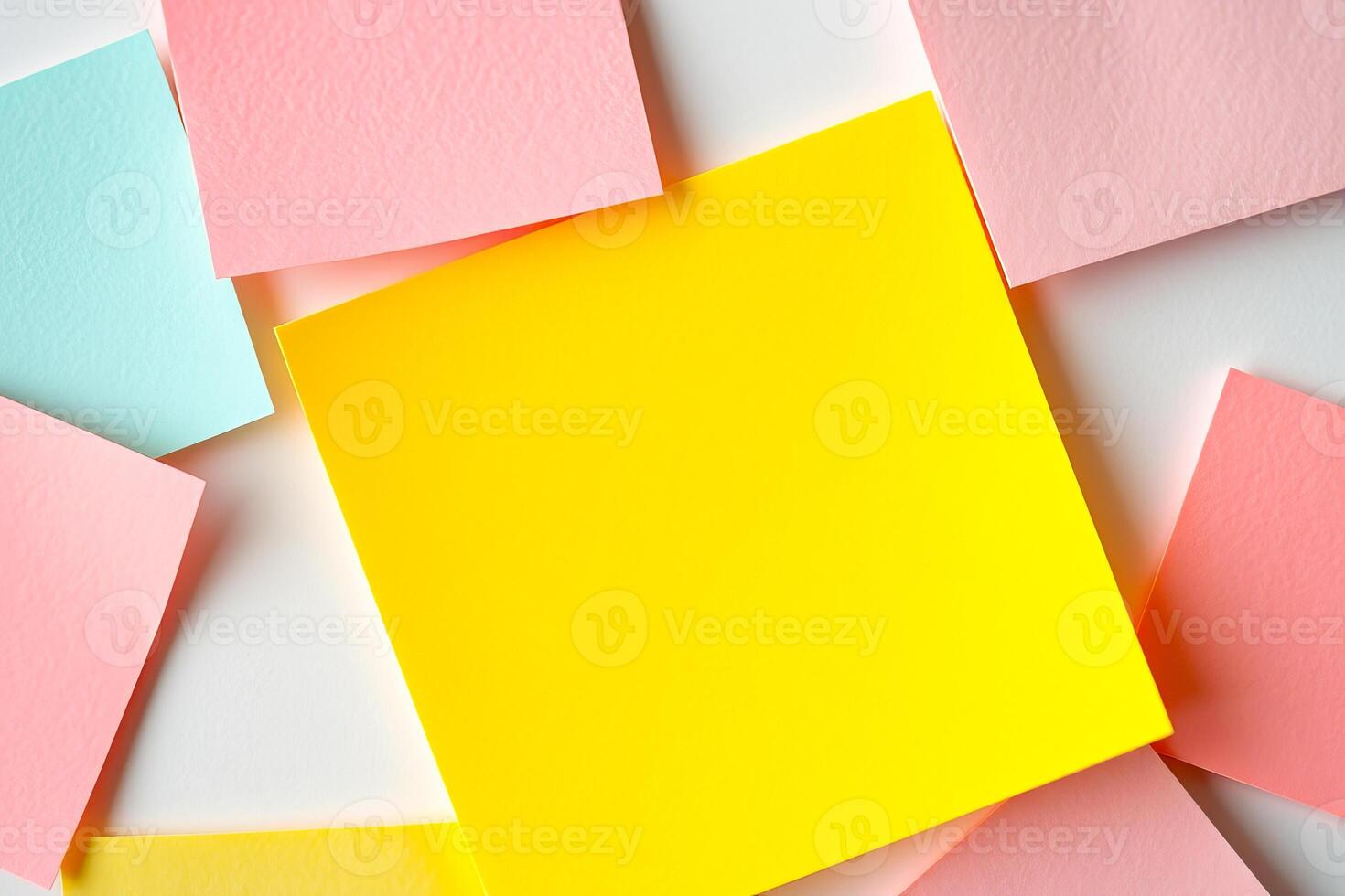 Flat lay of colorful notes with yellow mockup note photo