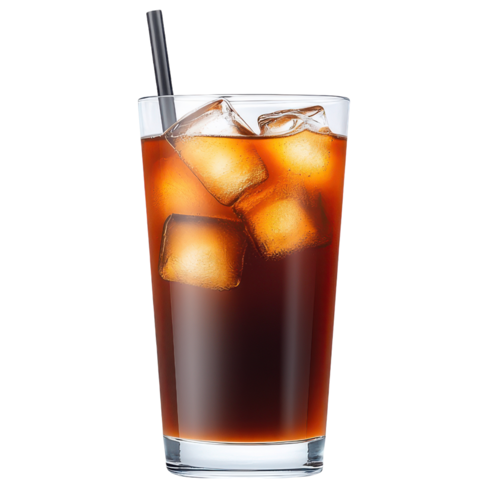 Free Isolated on Transparent Background, Refreshing iced black coffee drink served in tall glass with ice cubes and straw png