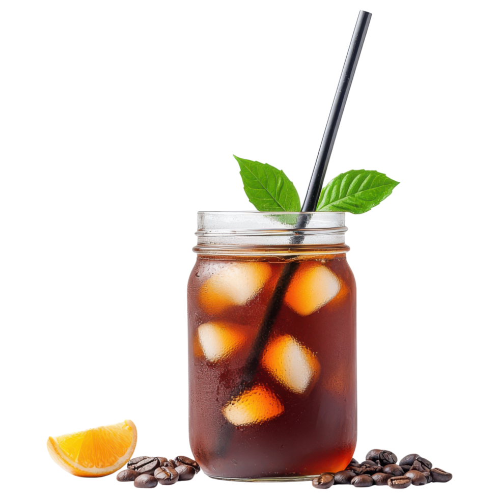Free Isolated on Transparent Background, Refreshing coffee drink served in jar with ice and garnished with mint and orange png