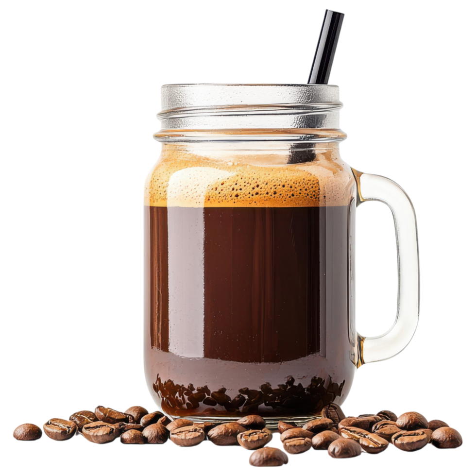 Free Isolated on Transparent Background, refreshing coffee drink served in jar with straw surrounded by coffee beans png
