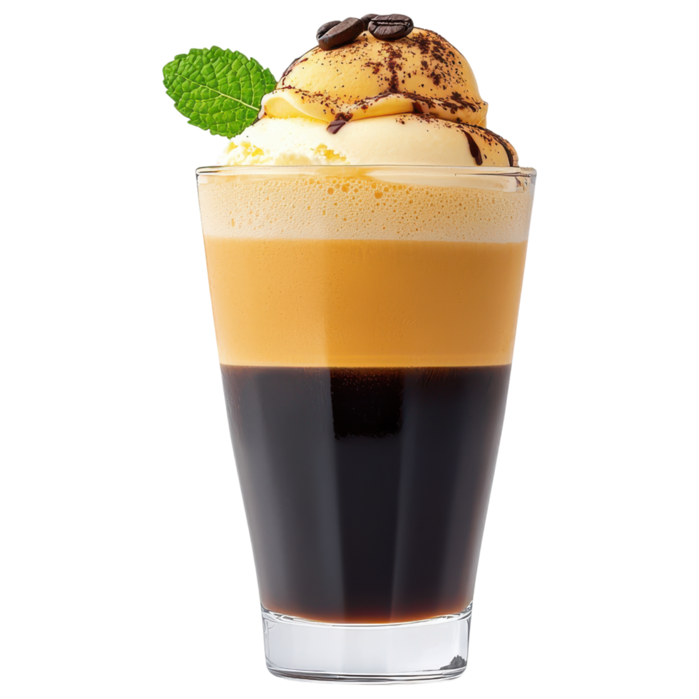 Free Isolated on Transparent Background, Delight in this creamy coffee drink topped with ice cream and mint leaf for refreshing treat png