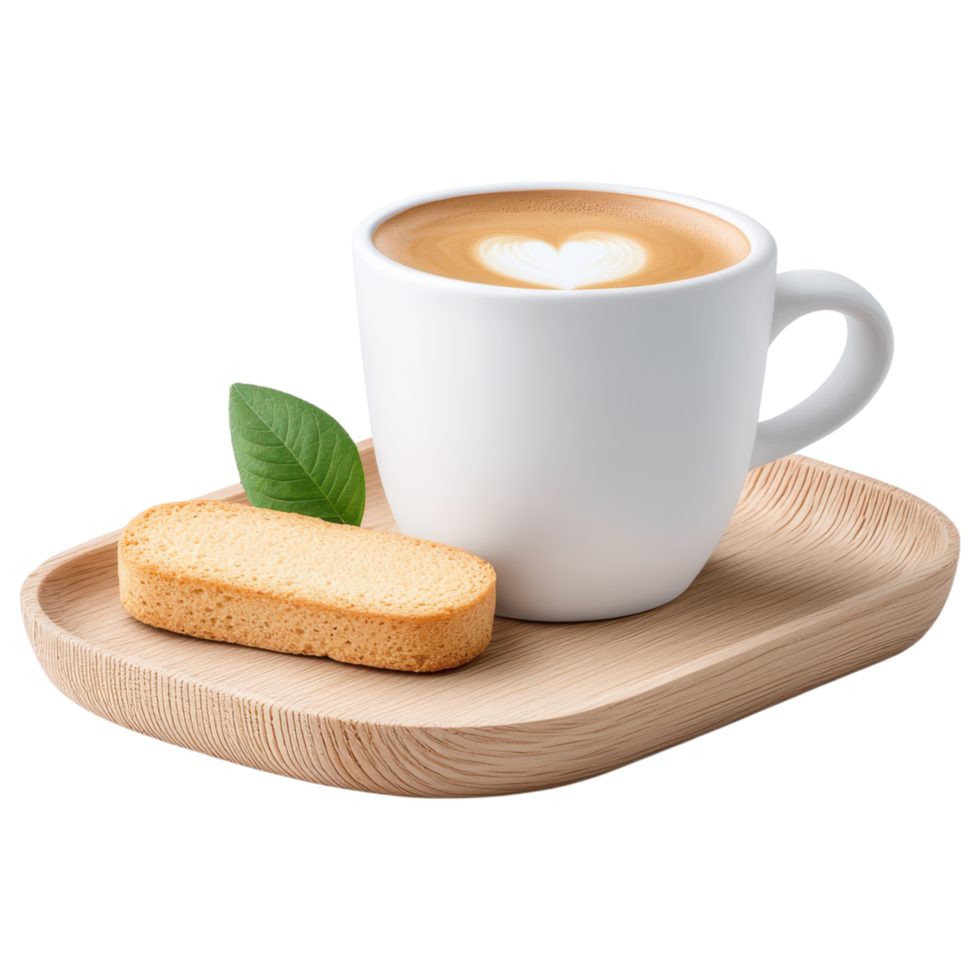 Free Isolated on Transparent Background, warm coffee drink served with sweet treat on wooden tray creates cozy atmosphere png