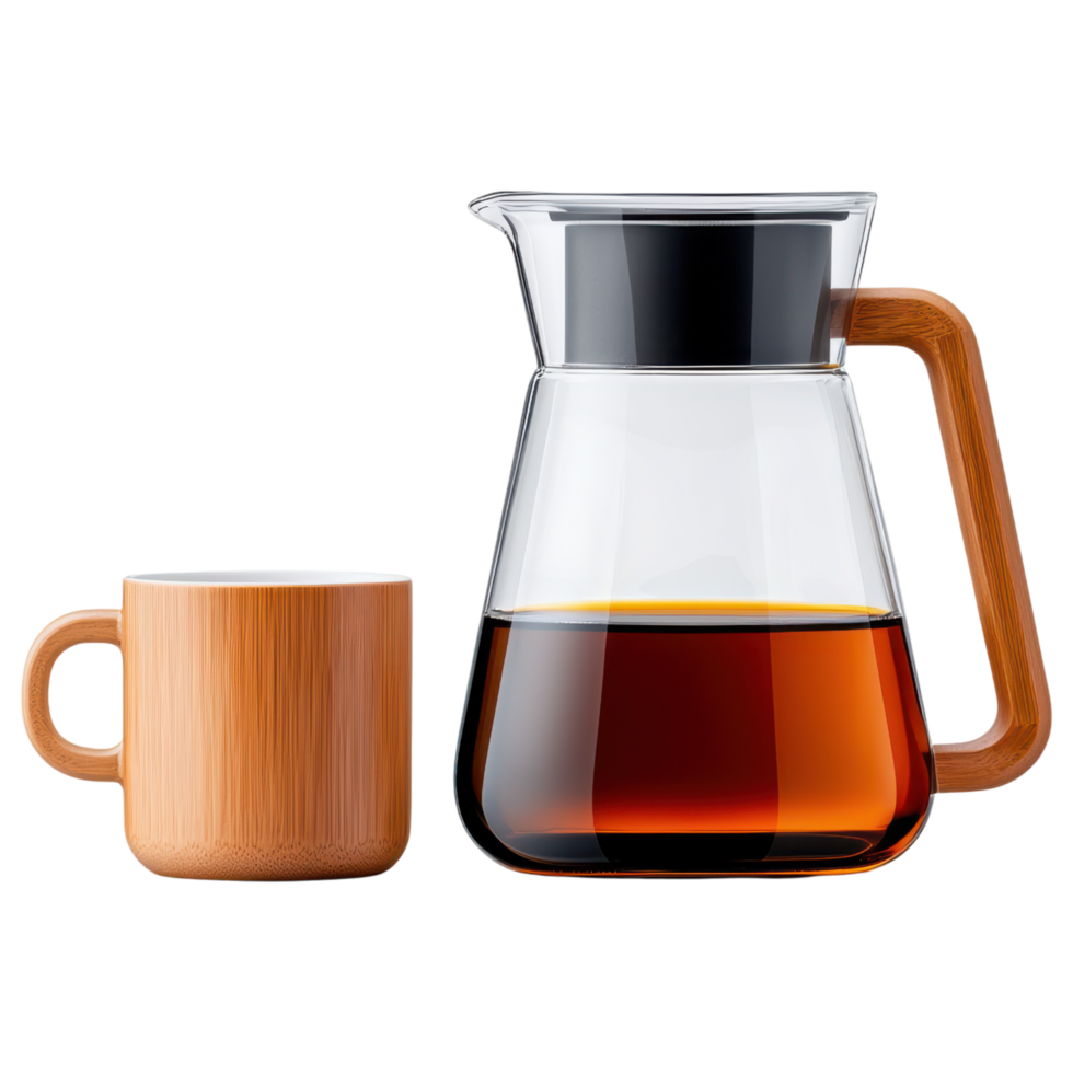 Free Isolated on Transparent Background, stylish coffee drink set featuring glass pitcher and wooden cup perfect for enjoying your favorite png