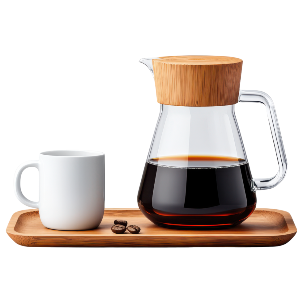 Free Isolated on Transparent Background, beautiful coffee drink is served in white cup alongside glass carafe on wooden tray png