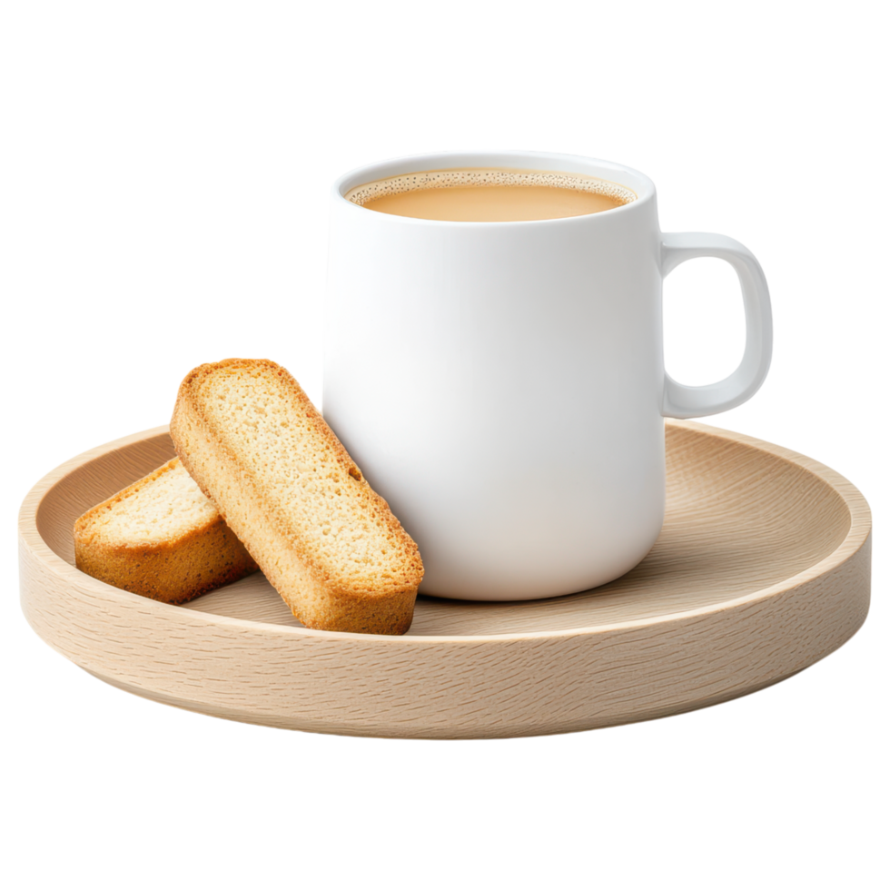 Free Isolated on Transparent Background, warm coffee drink served with crispy bread on wooden plate creates cozy atmosphere png