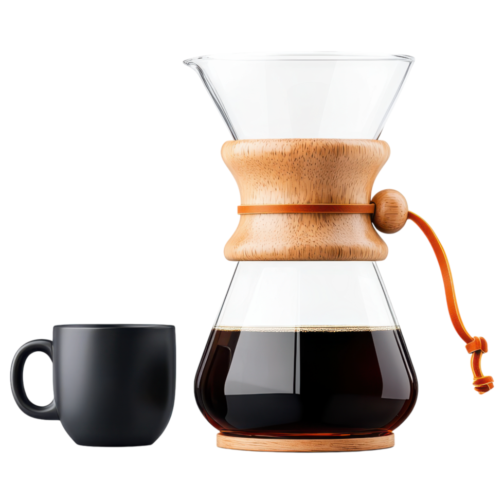 Free Isolated on Transparent Background, beautiful coffee drink is brewed using stylish glass coffee maker and sleek black cup png