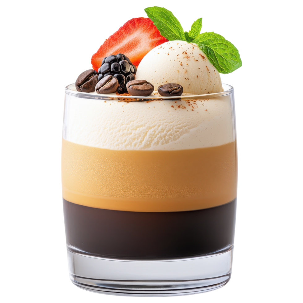 Free Isolated on Transparent Background, Indulge in delightful coffee drink layered with rich flavors and topped with fresh fruit png