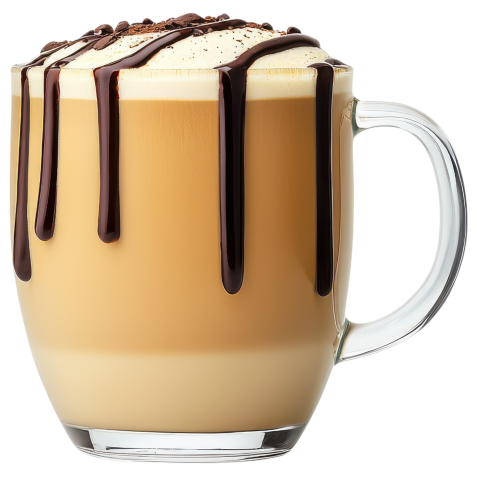 Free Isolated on Transparent Background, Creamy coffee drink topped with chocolate drizzle offers delightful experience for coffee lovers png