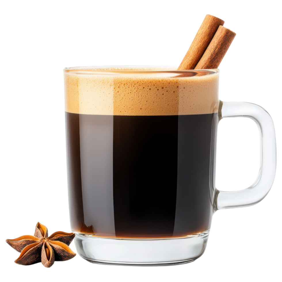 Free Isolated on Transparent Background, rich coffee drink topped with frothy foam and garnished with cinnamon sticks evokes warmth and comfort png