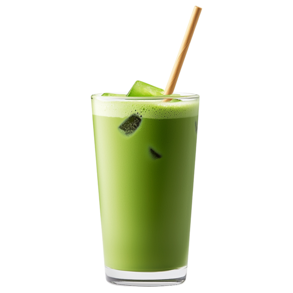 Free Isolated on Transparent Background, Refreshing matcha drink served in tall glass with ice and straw, perfect for warm day png