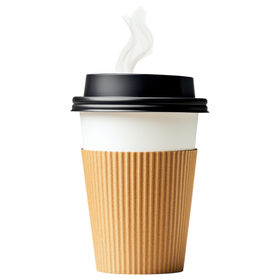 Free Isolated on Transparent Background, warm coffee drink in disposable cup with lid and swirl of cream on top brings comfort png