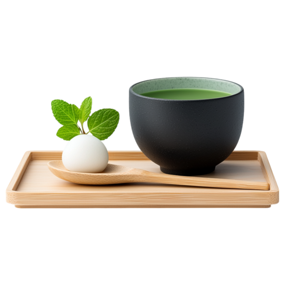 Free Isolated on Transparent Background, refreshing matcha drink served with sweet treat on wooden tray creates delightful experience png