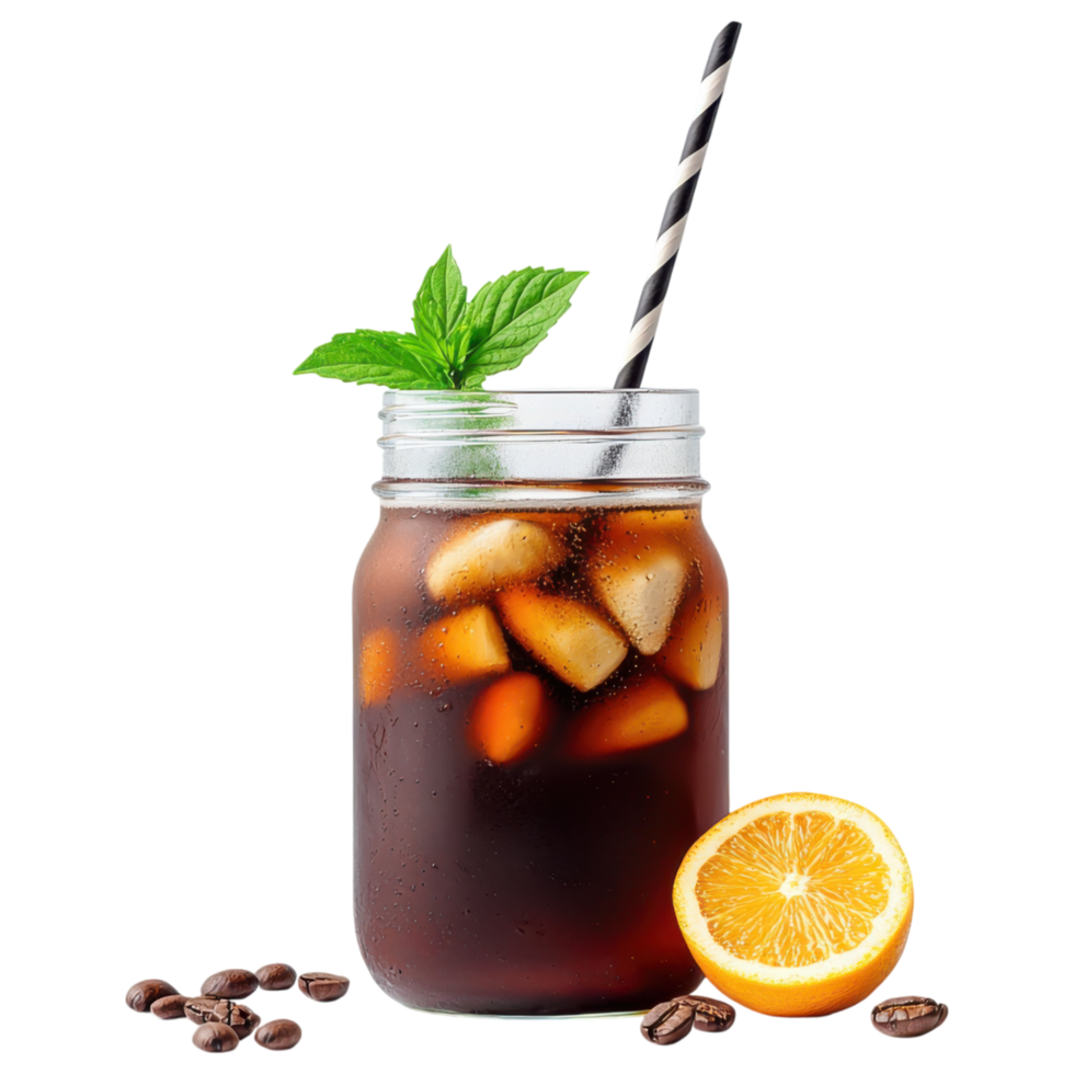 Free Isolated on Transparent Background, Refreshing iced coffee drink with mint and orange slice png