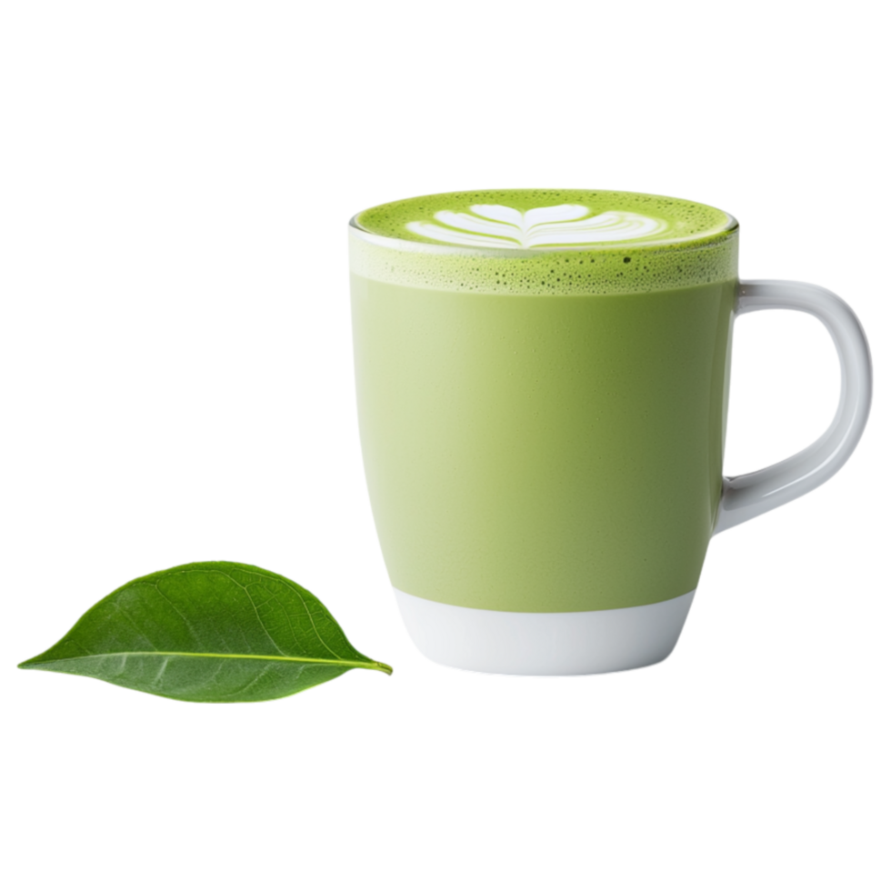 Free Isolated on Transparent Background, vibrant matcha drink in green cup showcases its creamy texture and artistic foam design png