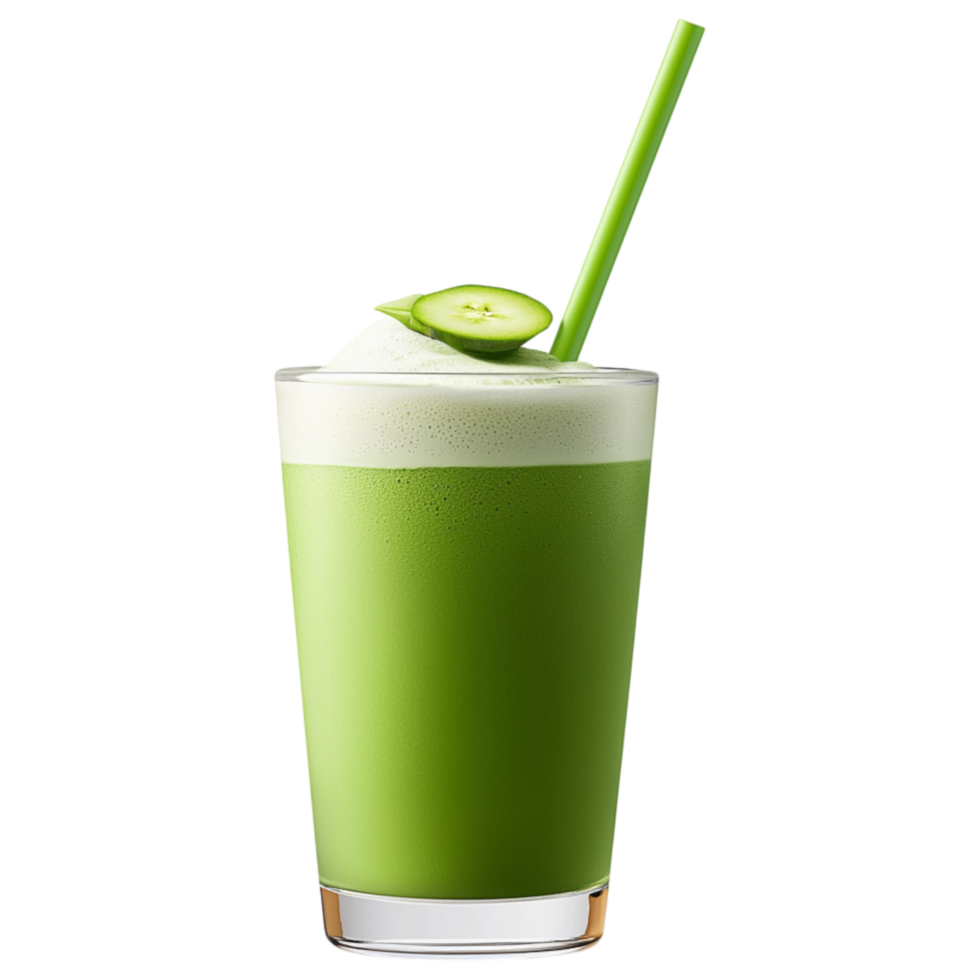 Free Isolated on Transparent Background, Refreshing matcha drink topped with foam and garnished with cucumber slices png