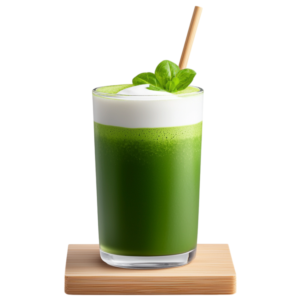 Free Isolated on Transparent Background, Refreshing matcha drink topped with cream and mint leaves served in glass png