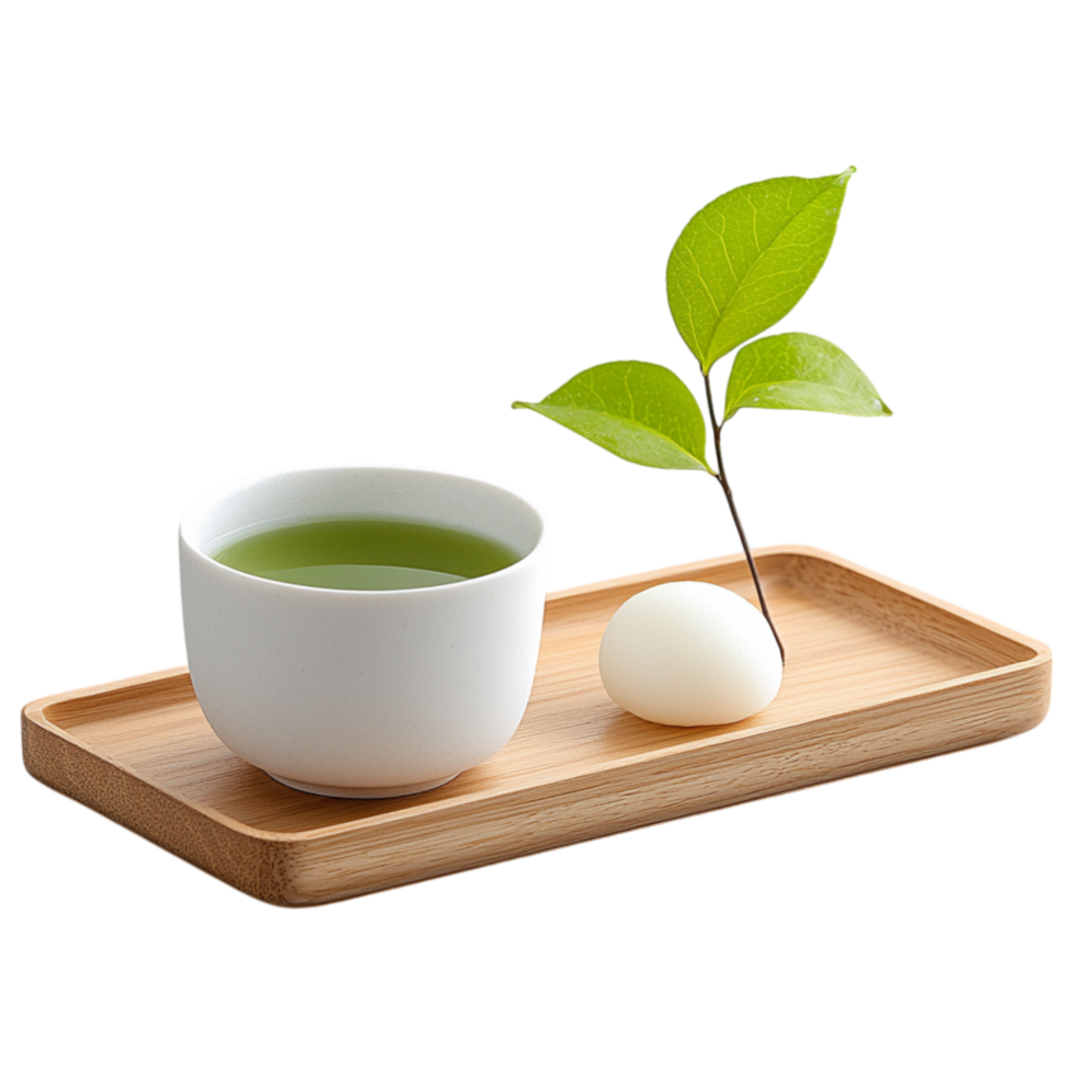 Free Isolated on Transparent Background, refreshing matcha drink served in minimalist cup alongside delicate egg and green leaf png