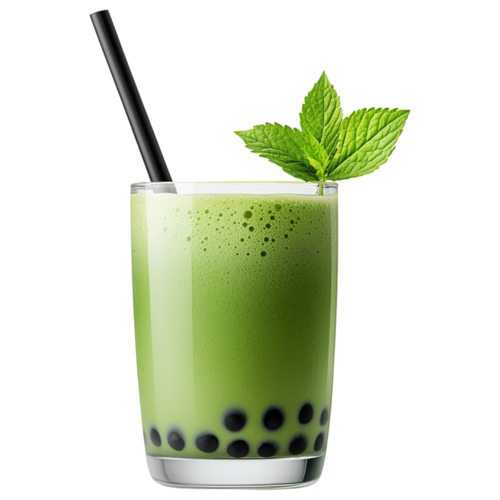 Free Isolated on Transparent Background, Refreshing matcha drink with bubbles and mint leaves offers delightful experience png