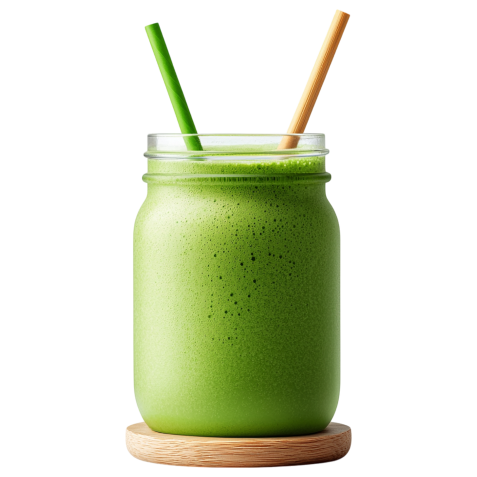 Free Isolated on Transparent Background, refreshing matcha drink served in jar with two straws offers vibrant green color and healthy vibe png