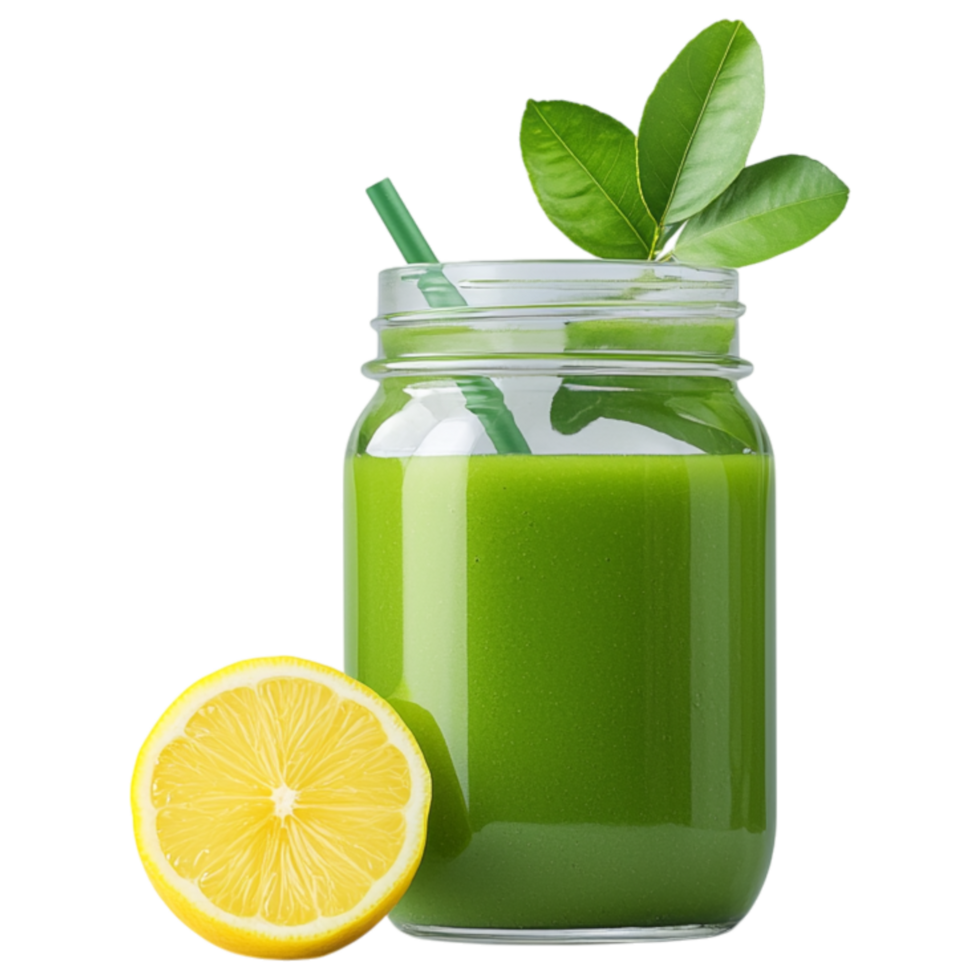 Free Isolated on Transparent Background, Refreshing matcha drink with lemon slice and green leaves offers vibrant and healthy choice png