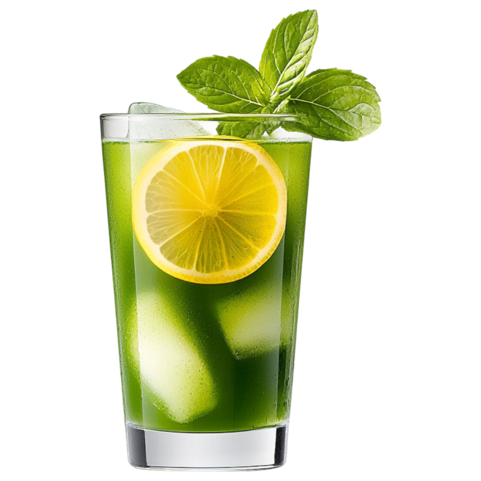 Free Isolated on Transparent Background, Refreshing matcha drink with lemon and mint garnished for vibrant look png