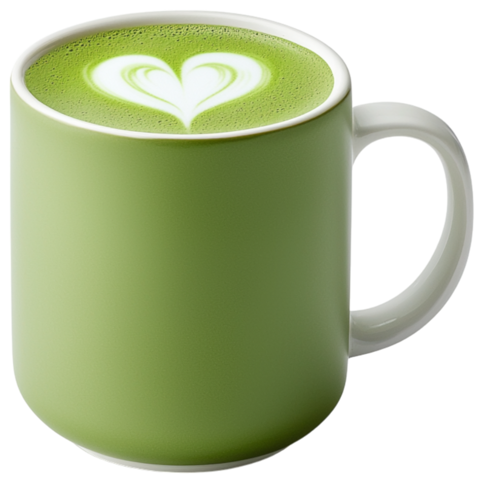Free Isolated on Transparent Background, vibrant matcha drink in green and white mug showcases heart design on top, perfect for tea lovers png