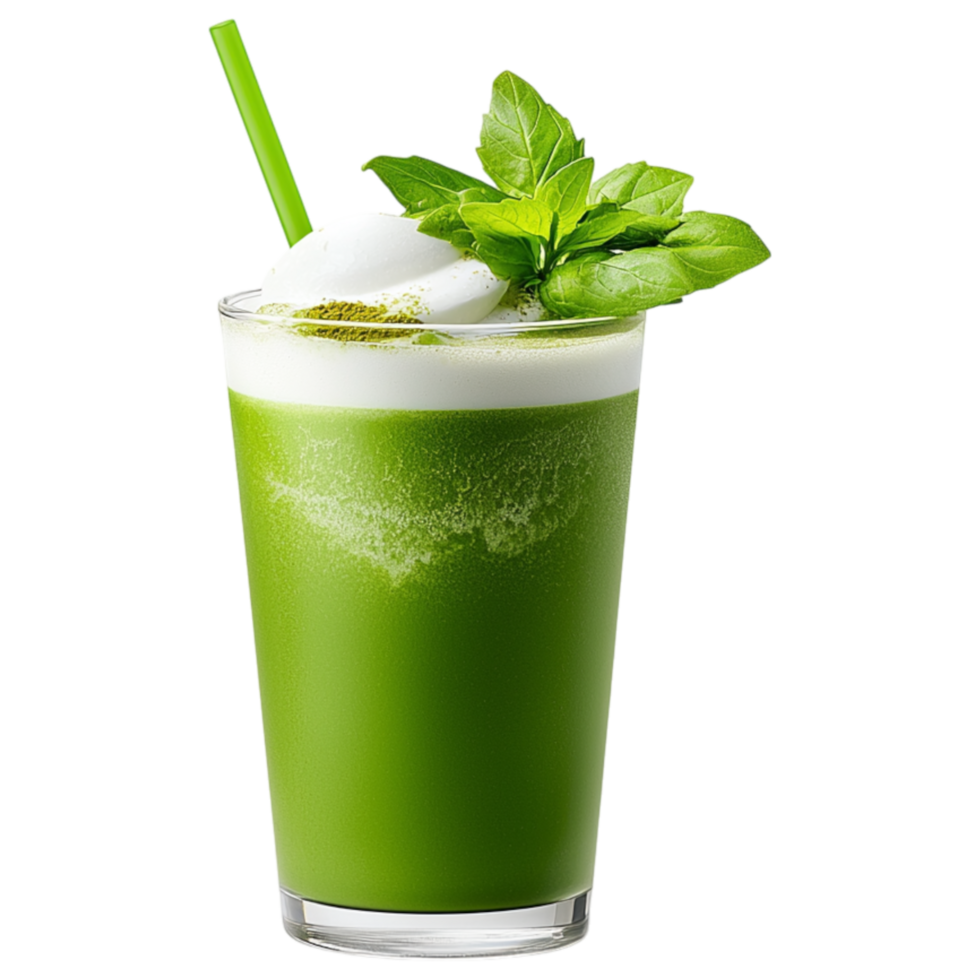Free Isolated on Transparent Background, Refreshing matcha drink topped with mint leaves and cream creates delightful experience png