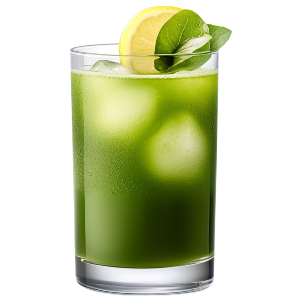 Free Isolated on Transparent Background, Refreshing matcha drink with ice and lemon garnish offers vibrant green color and invigorating taste png