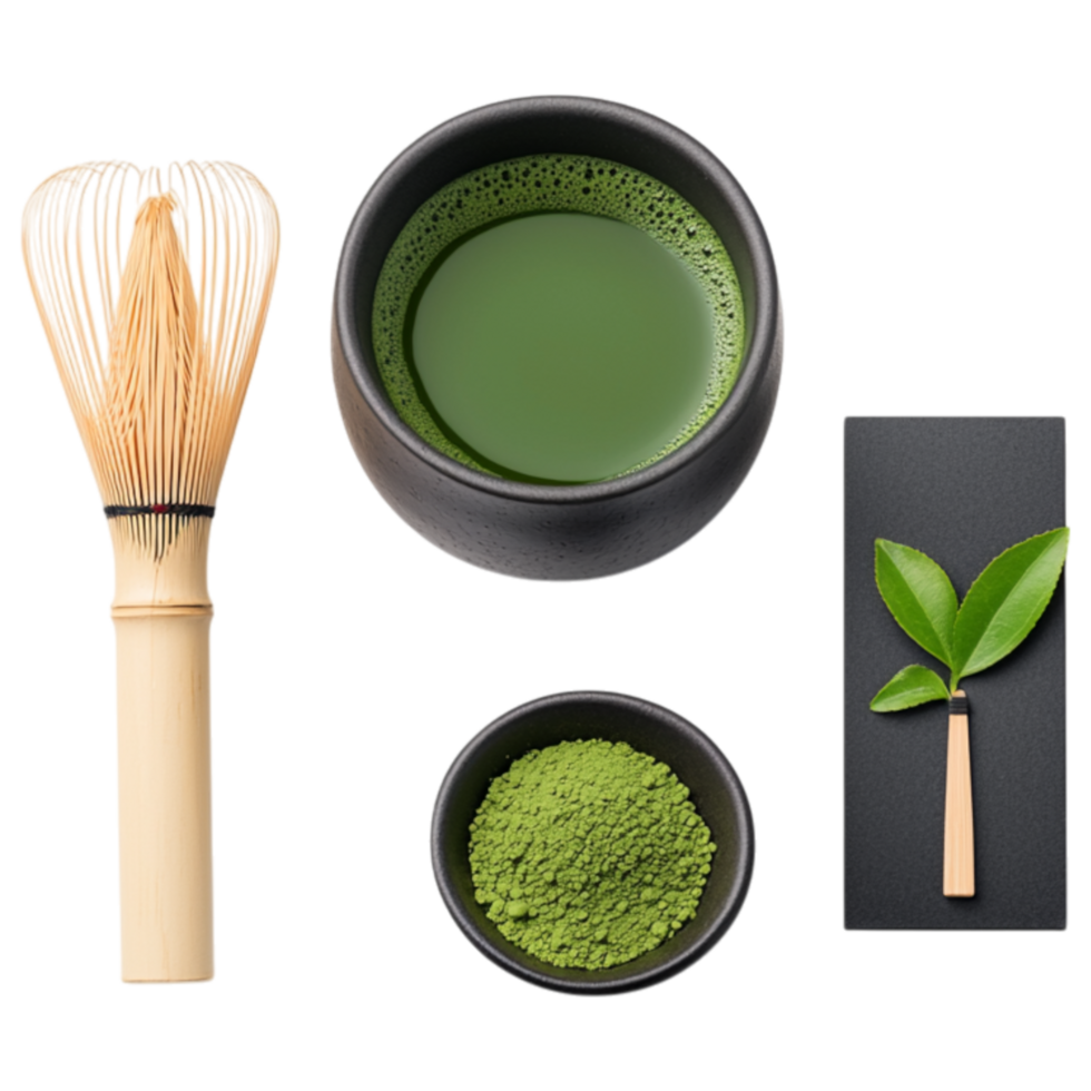 Free Isolated on Transparent Background, refreshing matcha drink is beautifully presented with whisk, bowl, and green tea leaves png