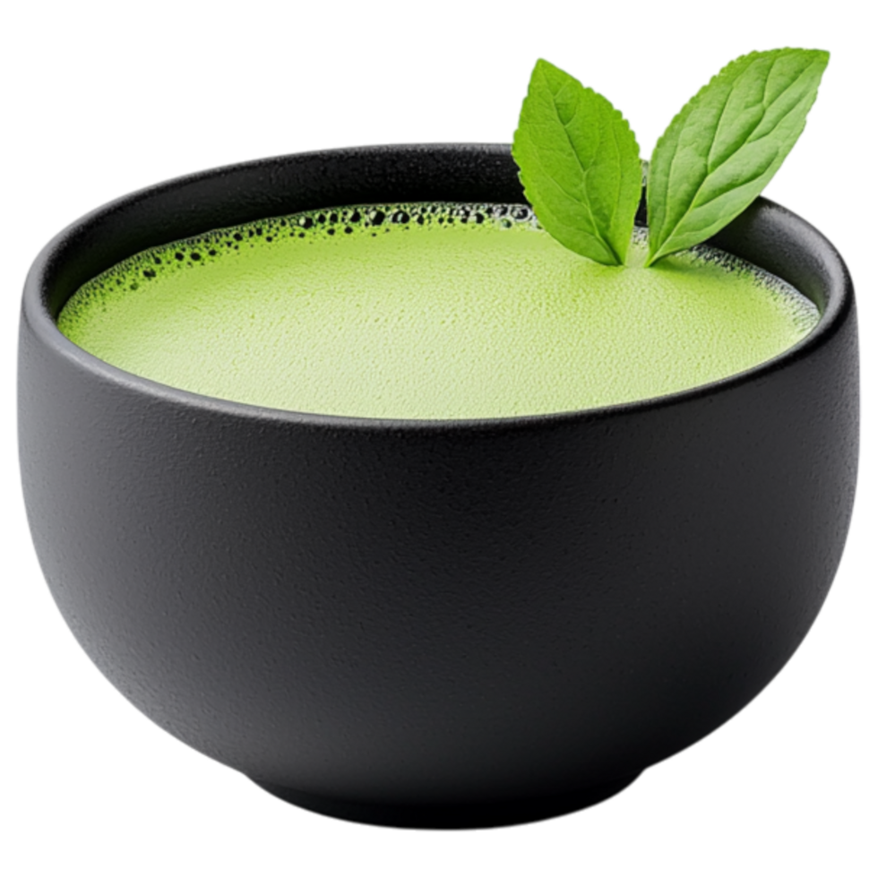 Free Isolated on Transparent Background, vibrant matcha drink in black bowl garnished with fresh leaves creates refreshing experience png