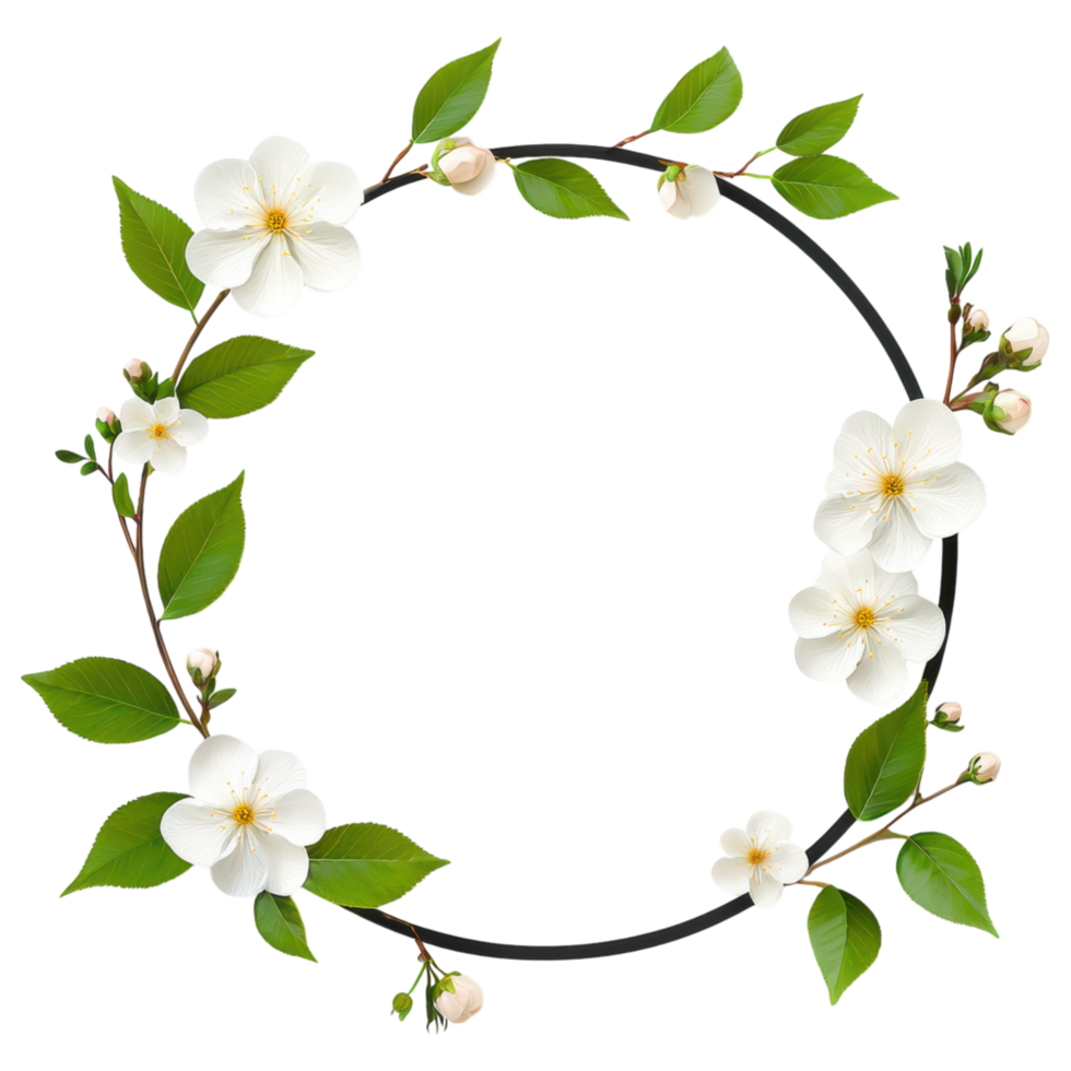 Free Isolated on Transparent Background, beautiful white flower frame adorned with vibrant leaves creates lovely natural design png