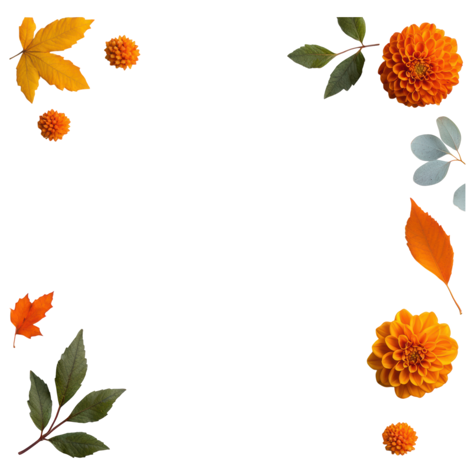 Free Isolated on Transparent Background, Bright orange flowers and vibrant leaves create beautiful frame filled with nature charm and warmth png