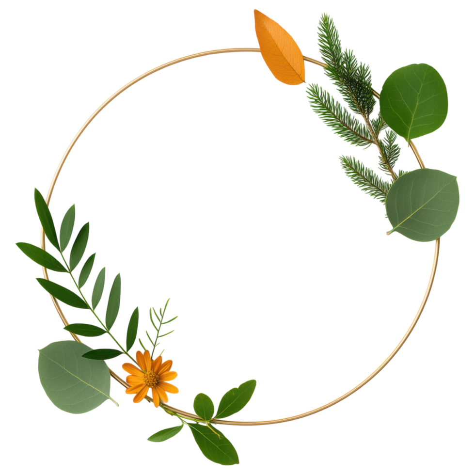 Free Isolated on Transparent Background, beautiful frame adorned with vibrant flower, green leaf, and autumn leaf creates stunning natural display png