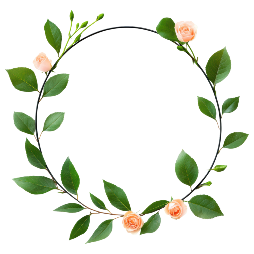 Free Isolated on Transparent Background, beautiful flower frame adorned with delicate leaves and soft pink roses creates lovely natural design png