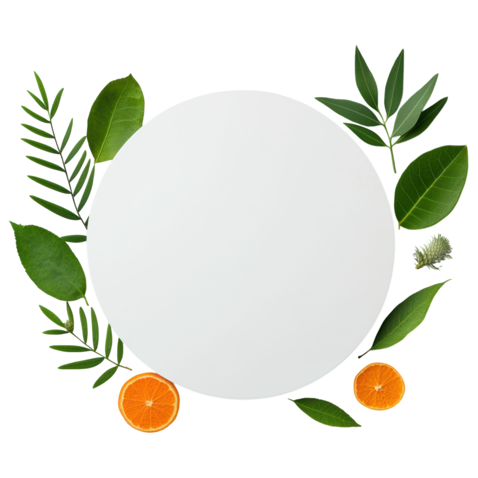 Free Isolated on Transparent Background, beautiful frame of vibrant leaves and fresh oranges surrounds blank circle inviting creativity png