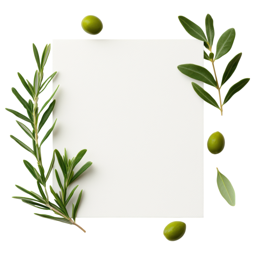 Free Isolated on Transparent Background, beautiful frame of fresh leaves and olives surrounds blank canvas inviting creativity and inspiration png