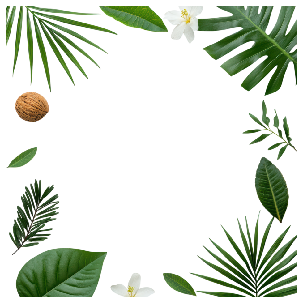 Free Isolated on Transparent Background, beautiful frame of green leaves and white flowers creates serene atmosphere with nature charm png
