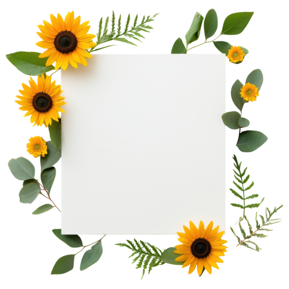 Free Isolated on Transparent Background, Bright sunflowers and lush green leaves create beautiful frame for your message or artwork png