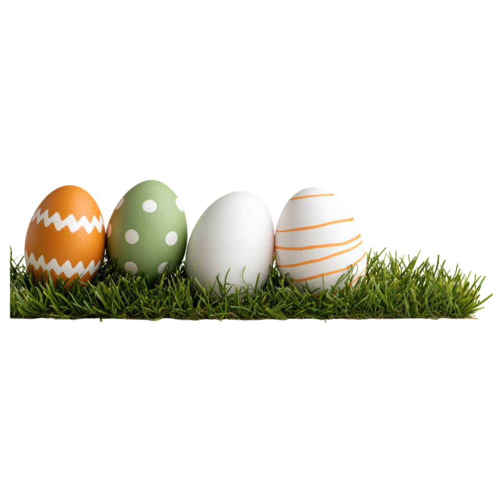 Free Isolated on Transparent Background, Colorful easter eggs are beautifully arranged in frame of vibrant green grass png