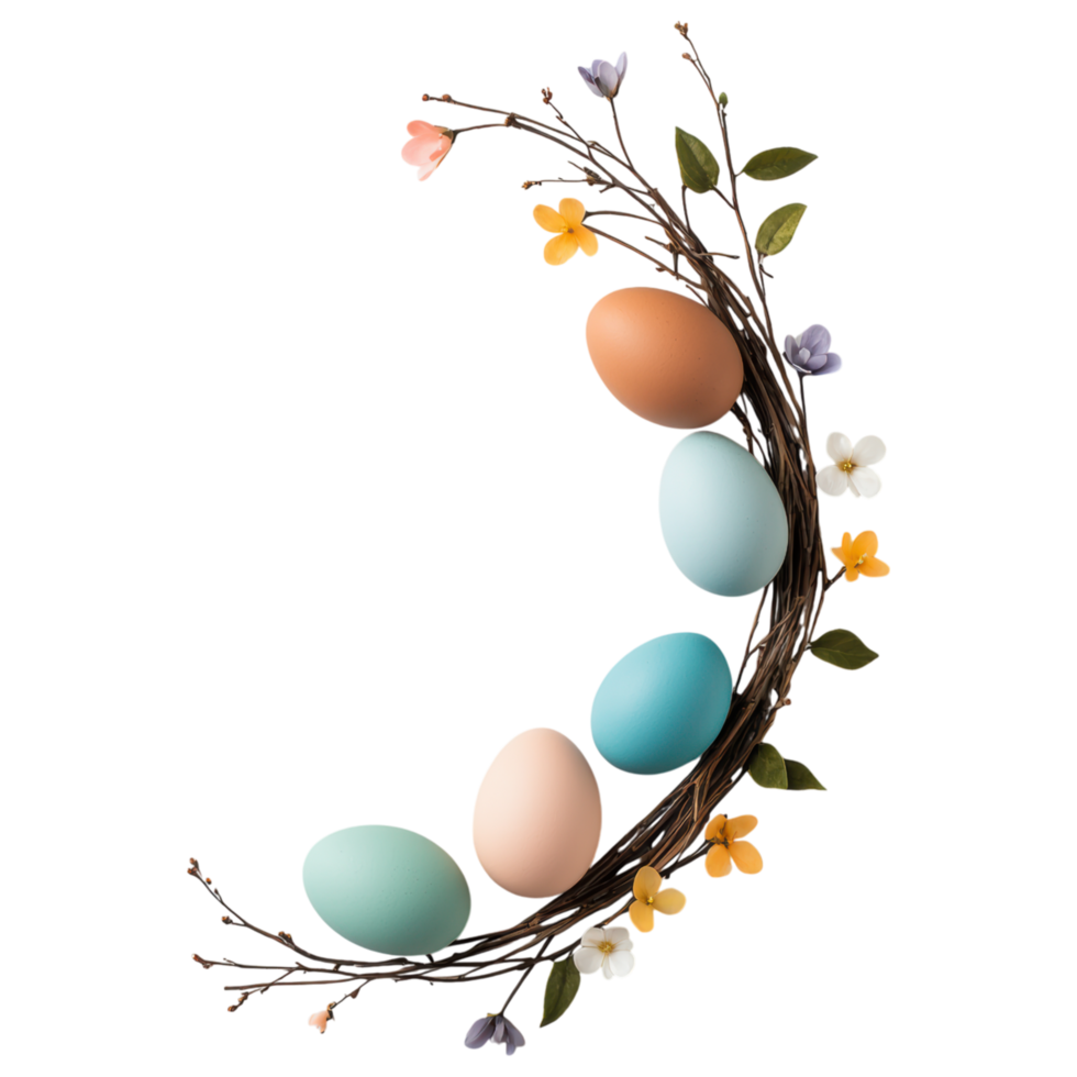 Free Isolated on Transparent Background, Easter eggs arranged in beautiful frame with colorful flowers create joyful spring atmosphere png