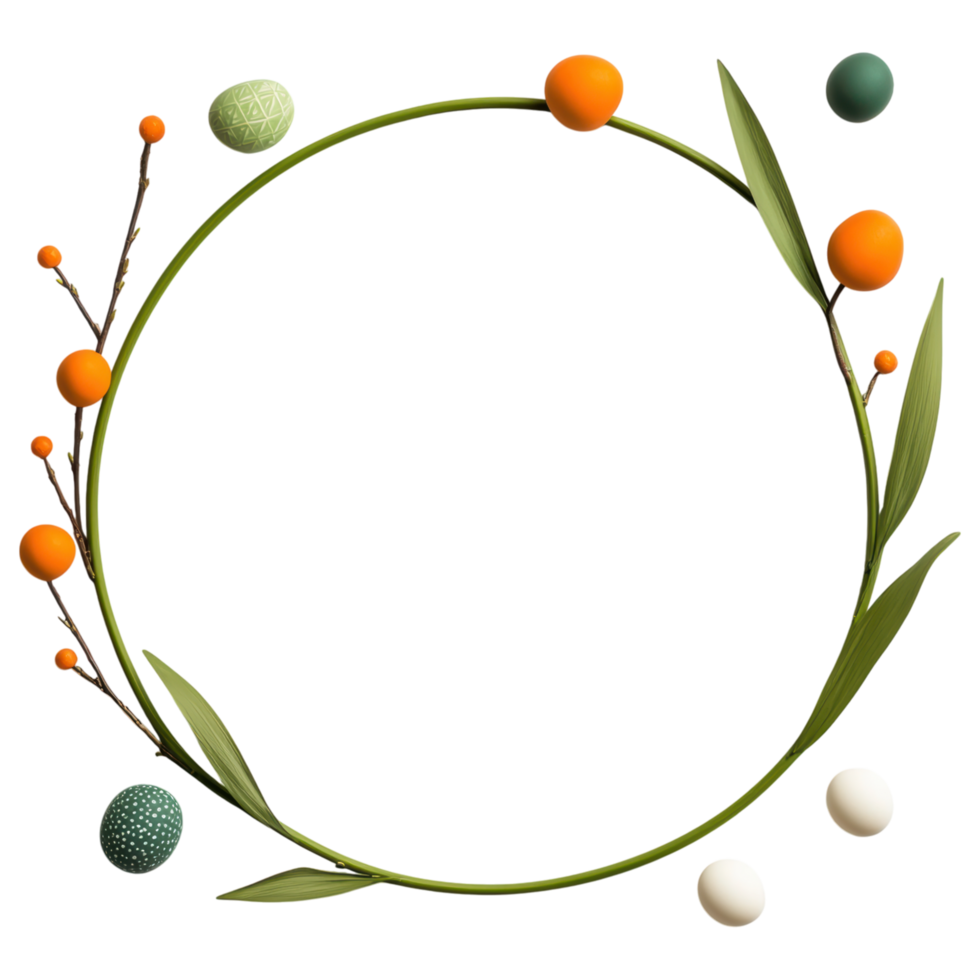 Free Isolated on Transparent Background, beautiful easter frame adorned with vibrant leaves and colorful eggs creates festive atmosphere png