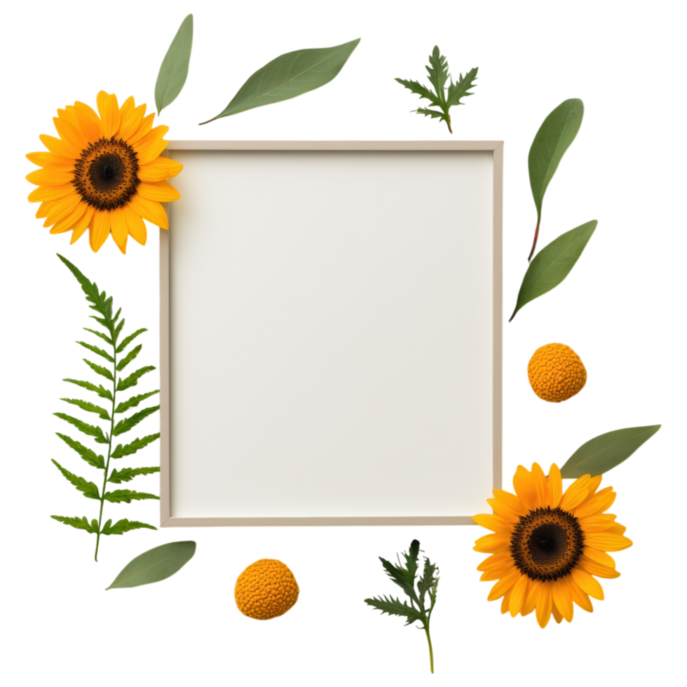 Free Isolated on Transparent Background, Bright sunflowers and green leaves surround blank frame creating vibrant floral display png