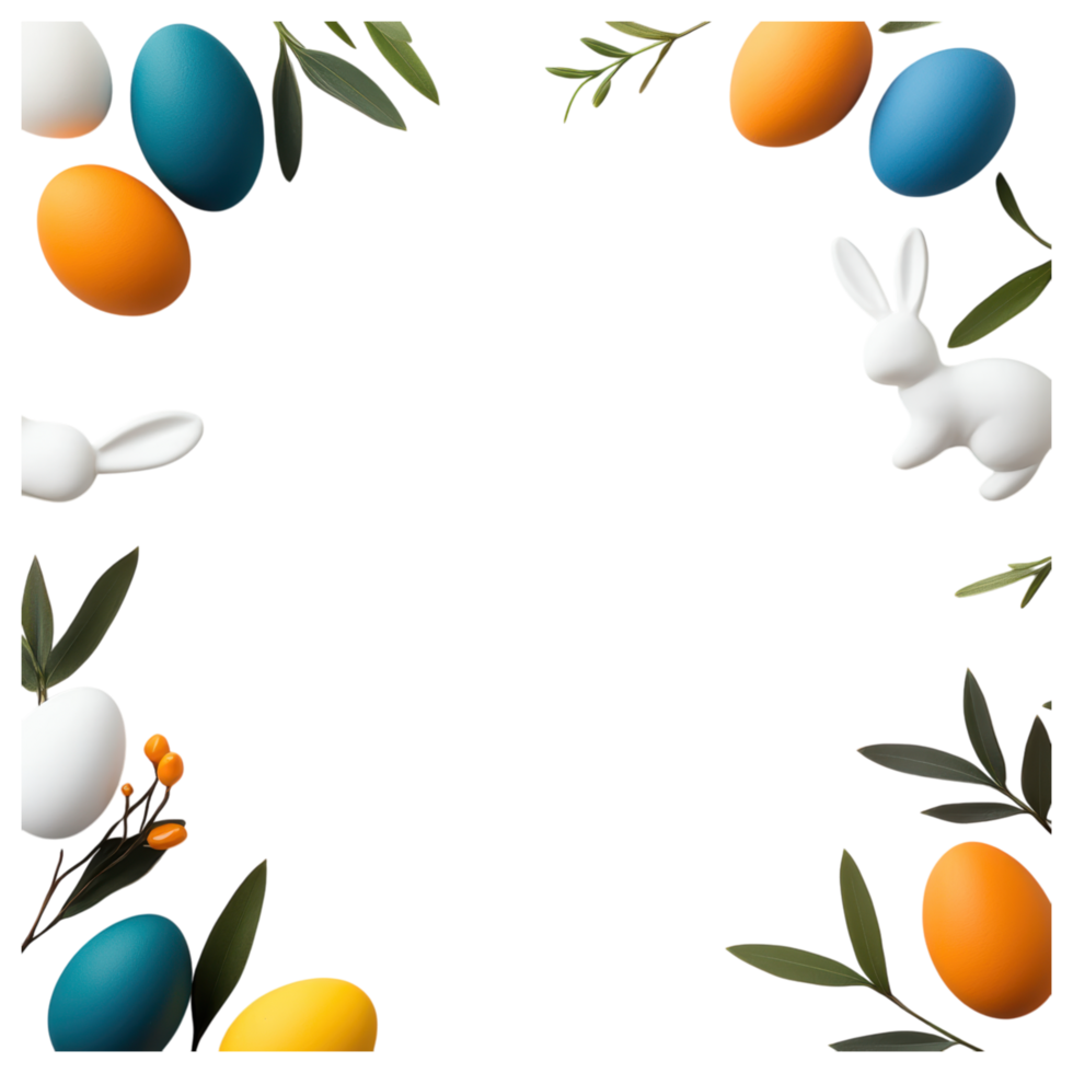 Free Isolated on Transparent Background, Easter frame with colorful eggs and playful bunnies creates joyful atmosphere for celebrations png